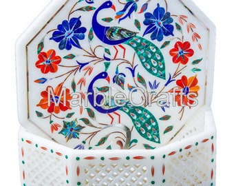 Marble Trinket Box With Peacock Art Inlay Work | Handmade Jewelry Box | Marble Keepsake Box | Decorative Stone Storage Box | Gift for Her