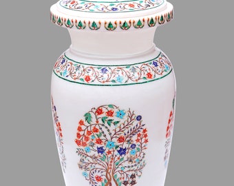 Handcrafted Marble Flower Vase with Gemstone Inlay | Decorative Stone Planterette | Marble Plant Pot for Indoor Display & Gifting Purpose