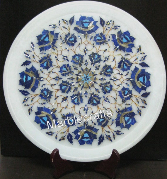 13 Inches Round Shape White Marble Decorative Plate Lapis Lazuli Stone  Inlay Work Serving Plate for Hotel Area Decor 