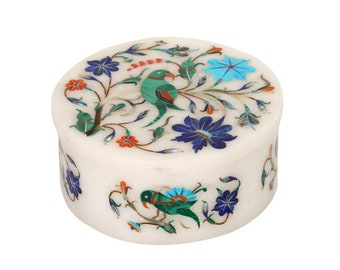 Natural Stones Inlay Jewelry Box | White Marble Decorative Keepsake Storage | Handmade Marble Collectible Box for Gift | Luxury Necklace Box