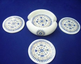 4.5 Inches Antique Pattern Inlay Work TeaCoaster Set with  Royal Look Round Shape White Marble Wine Coaster