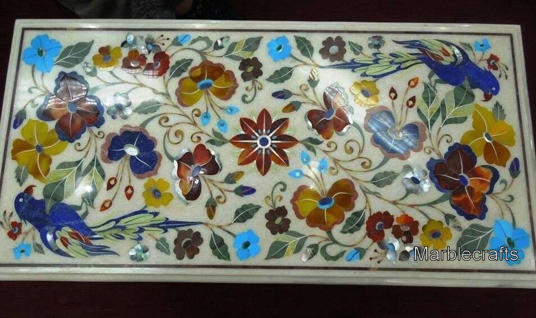 Marble Inlay Rectangular Table Top Rectangle White Marble Dining Table Top | Nature Art Inlay Wall Decor ...