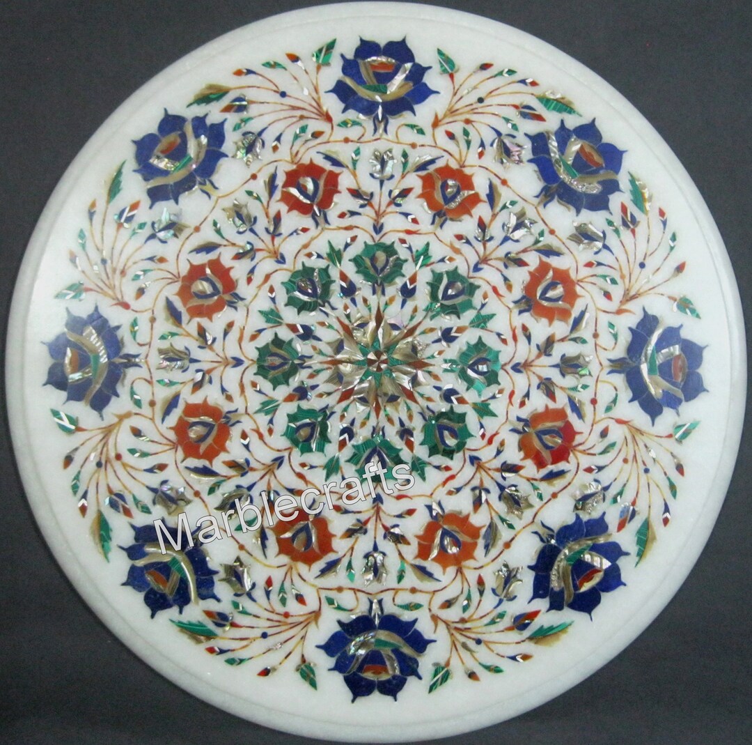 15 X 15 Inches Round Shape White Marble Coffee Table Top With Royal ...