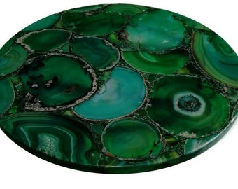 Green Agate Resin Art Coffee Table Top for Cafe Decor Round Shape Marble Bed Sid Table from Vintage Art and Crafts