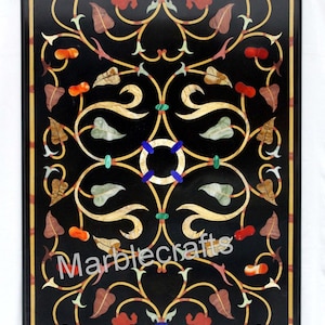 Rectangle Marble Dining Table Top with Semi-Precious Stones Inlay Work Black Marble Restaurant Table from Indian Handicrafts