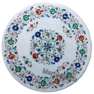 Exquisite Marble Coffee Table Top | Natural Inlay Stones Inlay Centerpiece for Home Decor | Boho Marble Garden Side Table | Marble End Table