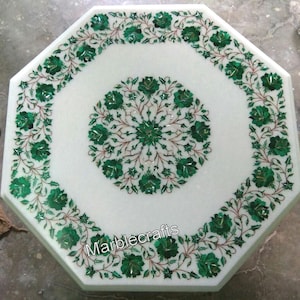 Malachite Stone Center Table with Inlay Work White Marble Coffee Table Top to add Royal & Classic Look in your Living Room and Garden Style