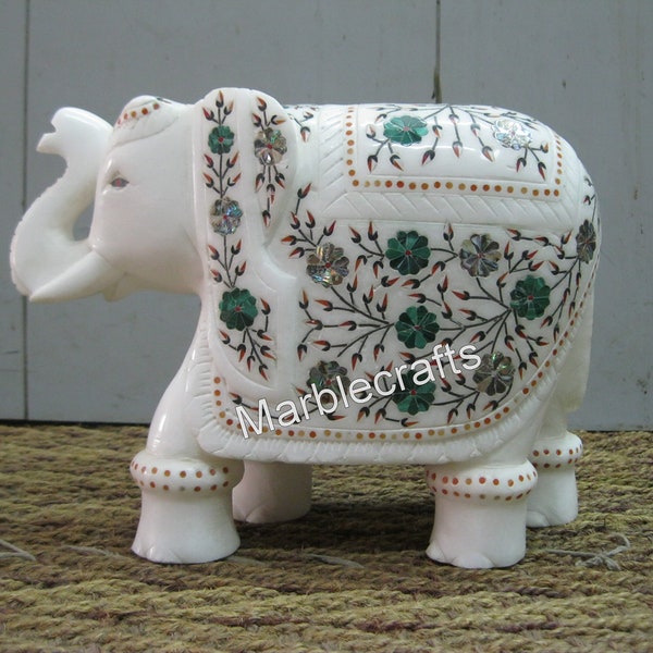 8 Inches Beautiful Pattern Inlay Work Up Trunk Elephant Statue White Marble Decorative Elephant Statue