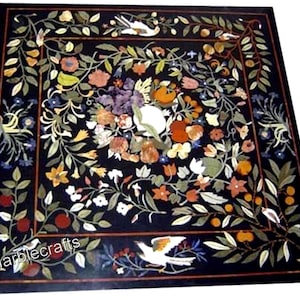 Black White Marble Dining Table Top with Floral Art Inlay | Square Marble Living Room Corner Table Top for Home & Hotel Decor | Office Desk