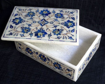 Elegant Marble Jewelry Box with Lapis Lazuli Stone Inlay Work | Indian Marble Bracelet & watch Box | Multiuse Storage Box for Festivals Gift