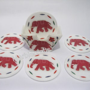 Boho Marble Elephant Coaster Set | Handmade Champagne Glass Coaster | 4.5&quot; Stonesware Mat Protectors for Table | Best Gift for Drink Lovers