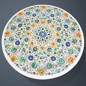 Antique Marble Dining Table Top with Natural Stones Inlay Work | Round White Marble Restaurant Table Top | Handmade Patio Sofa Center Table