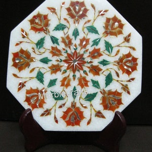 White Marble Tea Pot Stand | Carnelian Inlay Octagon Decorative Plate | 7 x 7 Inches Handmade Marble Kettle Stand | New Year Gift for Friend