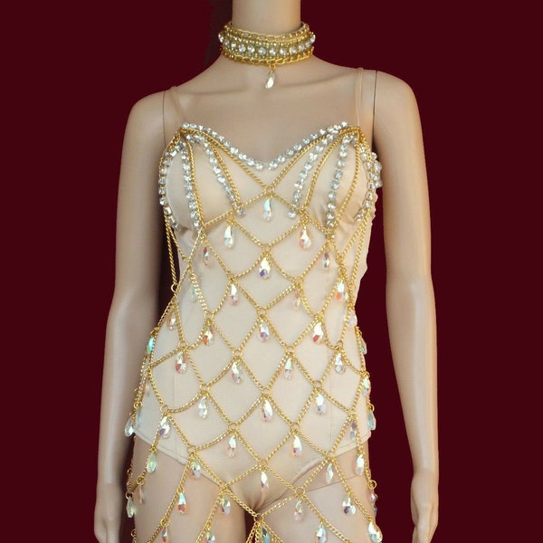 Da NeeNa L014 Vegas Drag Cabaret Showgirl Burlesque Crystal Leotard XS-XL