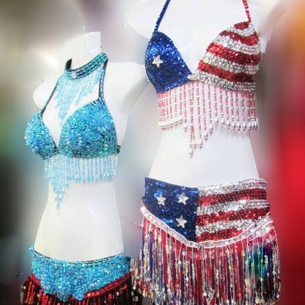 Da NeeNa M114 Sexy Cheerleader Salsa Dance USA America Sequin Bra Skirt XS-XL