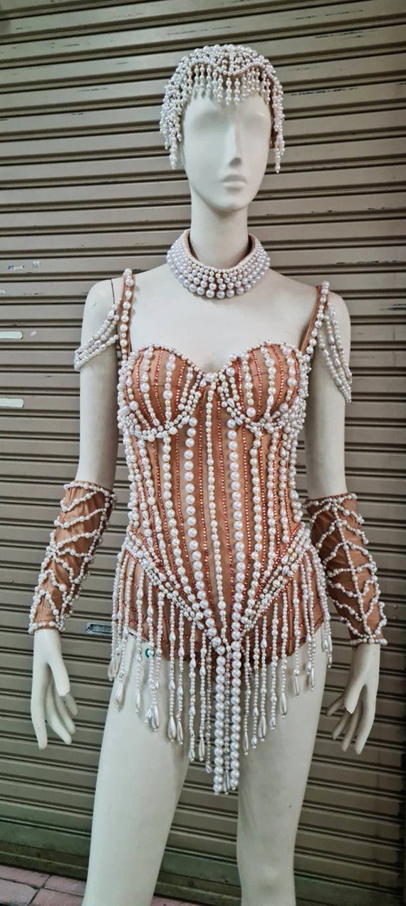 Da Neena T1017 Burlesque Vegas Christina Aguilera Costume Pearl Leotard  XS-XL -  Israel