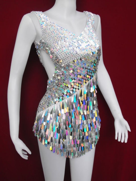Tailor White Latin dance DRAG SEQUIN SALSA SHOW dress