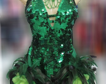 Da NeeNa M076 Showgirl Vegas Star Burlesque Feather Flower Green Dress