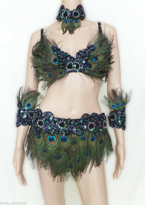 Da Neena FPC Showgirl Vegas Drag Queen Dance Bra Skirt Peacock