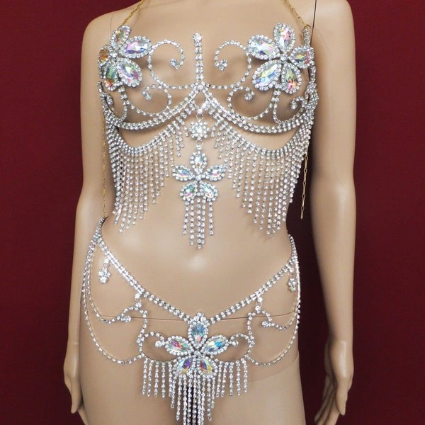 Da NeeNa J0799 Flower SILVER Chainmail Bra Belt Skirt Costume Set