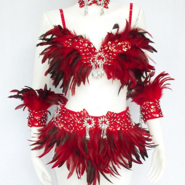 Evita Ftr Feather Dance Drag Bra Skirt Bra Belt Samba Dress Costume Set Xs-xl