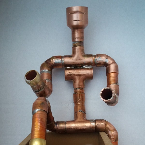 Handmade unique Copper Robot on a box, android, pencil container, gift, man, woman child boy girl, figurine, recycled plumbing pipes.