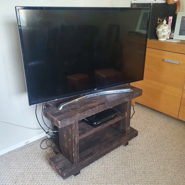 Handmade Rustic solid Wood large TV unit. Solid TV stand. Recycled. Customized any size colour Pine hard soft wood personalised treated gift