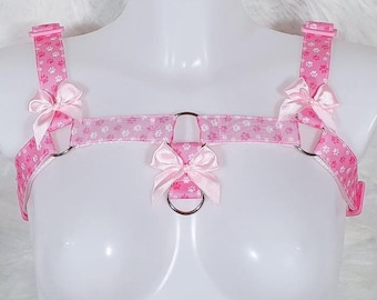 Rosa Pawprint Bulldog Style Geschirr mit Optionalem Halsband und Leine - Pride Festival Rave Wear, Cage Chest, Petplay