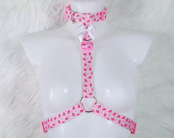 Strawberry Collared Chest Harness - Kawaii Petplay Choker, Pride Festival Rave Wear, Optional Leash