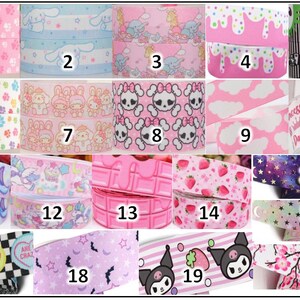 May include: A collection of decorative ribbons with various patterns. Designs include paw prints, cartoon characters, skulls, strawberries, and celestial motifs. Some ribbons feature text like "Daddy's Princess" and "Get Lost".