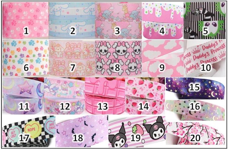 May include: A collection of decorative ribbons with various patterns. Designs include paw prints, cartoon characters, skulls, strawberries, and celestial motifs. Some ribbons feature text like "Daddy's Princess" and "Get Lost".