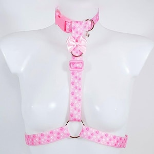Pink Pawprint Collared Style Upper Body Chest Harness with Collar, Leash Optional - Pride Festival, Cyber Goth Rave Wear, Kawaii Petplay