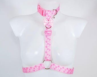 Pink Pawprint Collared Chest Harness - Kawaii Petplay Choker, Pride Festival Rave Wear, Optional Leash