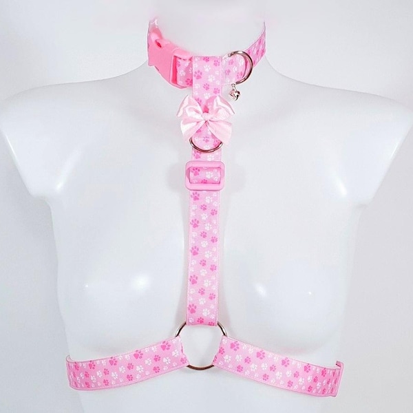 Pink Pawprint Collared Chest Harness - Kawaii Petplay Choker, Pride Festival Rave Wear, Optional Leash