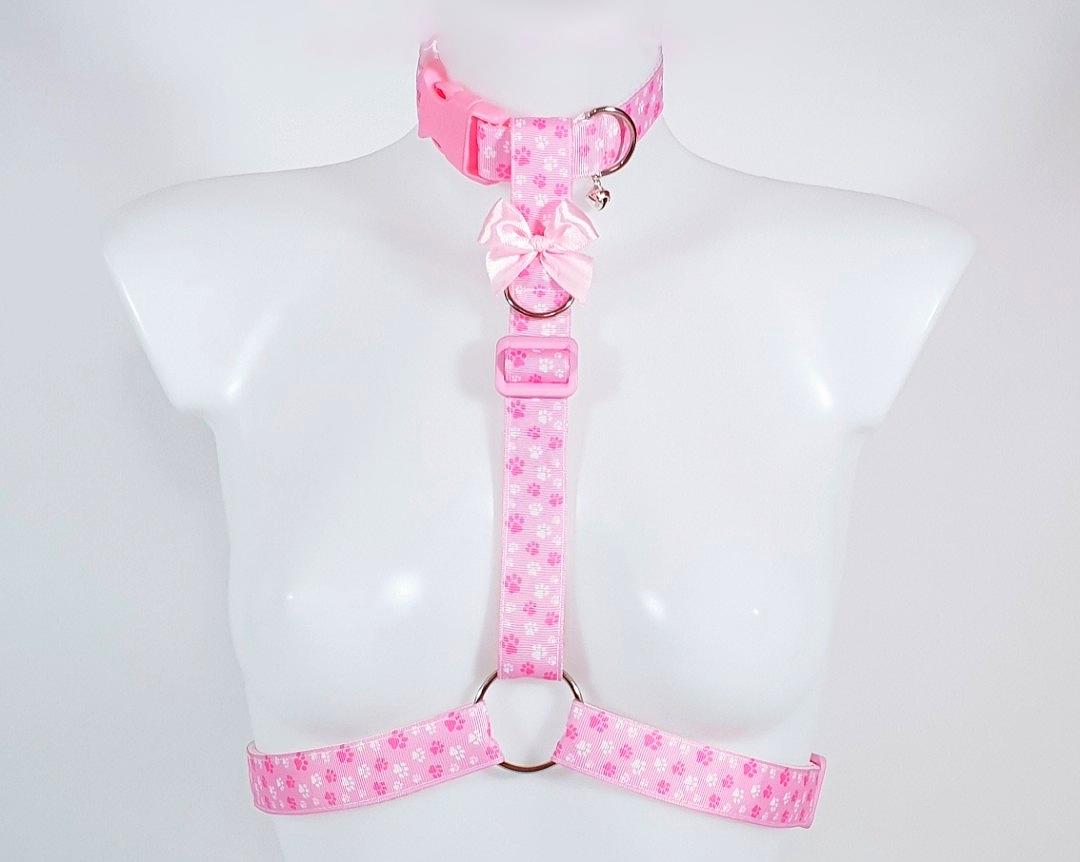 Pink Pawprint Collared Chest Harness - Kawaii Petplay Choker, Pride Festival Rave Wear, Optional Leash