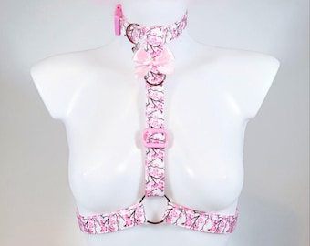 Sakura Collared Chest Harness - Kawaii Petplay Choker, Pride Festival Rave Wear, Optional Leash
