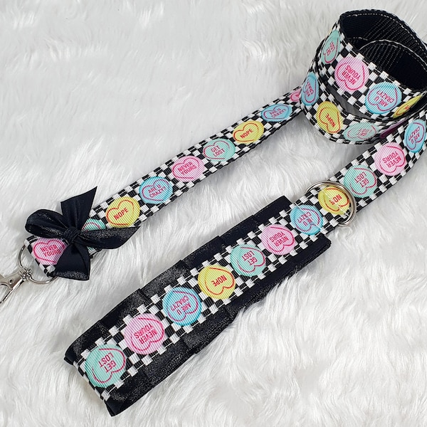 The Never Yours Candy Heart Petplay Puppy Kitten Leash, Lead with Optional Matching Collar