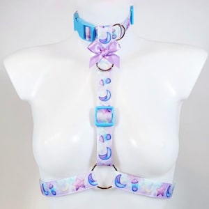 Crybaby Collared Style Upper Body Chest Harness with Collar, Leash Optional - Pride Festival, Cyber Goth Rave Wear, Kawaii Petplay