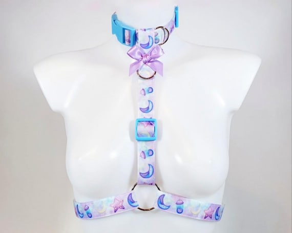 Crybaby Collared Chest Harness - Kawaii Petplay Choker, Pride Festival Rave Wear, Optional Leash
