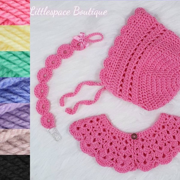 Crochet Adult Baby Bonnet, Pacifier Clip and Oversized Collar Set