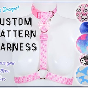 May include: A pink custom pattern harness with a paw print design, a bow, and metal hardware. The image includes text that reads "Custom Pattern Harness" and "Choose your Pattern & Size". Additional design options are shown in circular patterns.