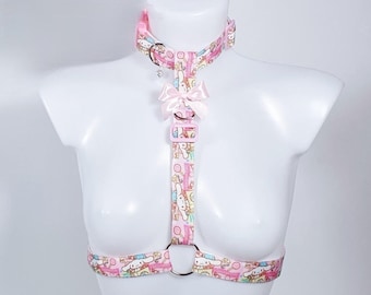 Pink Welpe und Süßigkeiten Halsband Stil Oberkörper Brustgurt mit Halsband, Leine Option- Pride Festival Cyber Goth Rave Wear Kawaii Petplay