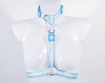 Blue Puppy Collared Chest Harness - Kawaii Petplay Choker, Pride Festival Rave Wear, Optional Leash
