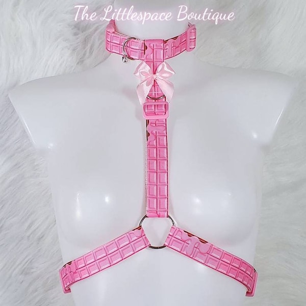 The Pink Chocolate Petplay Puppy Kitten Style Harness with Detachable Collar and Optional Leash