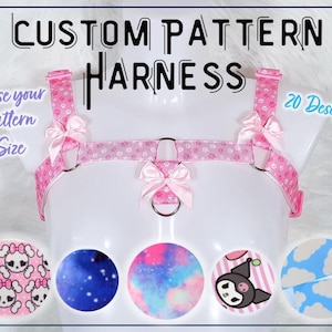 May include: Pink custom pattern harness with bows and metal rings. The harness is displayed on a mannequin and features the text "Custom Pattern Harness". The image also shows pattern design options, including skulls, galaxy, and clouds. The text reads "Choose your Pattern & Size" and "20 Designs!"
