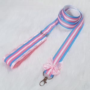 Puede incluir: Un cordón de cinta a rayas azul y rosa con un lazo rosa y un llavero plateado.
