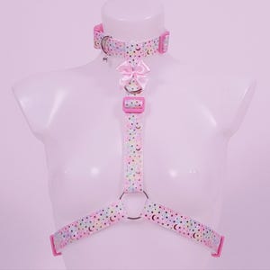 Puede incluir: Arnés de color pastel con gargantilla a juego. El arnés y la gargantilla presentan un patrón de lunas y estrellas. La gargantilla tiene una pequeña campana y un lazo rosa. El arnés tiene herrajes rosas.