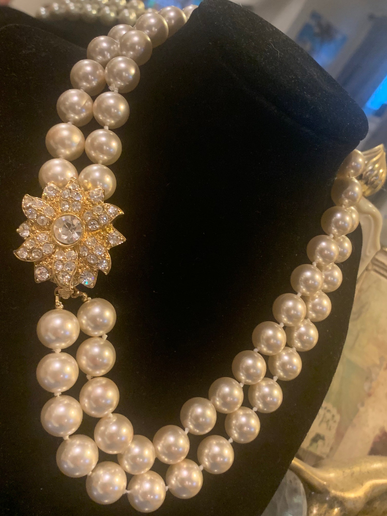 Double Strand Pearl Necklace With Gold Flower Covered In Etsy