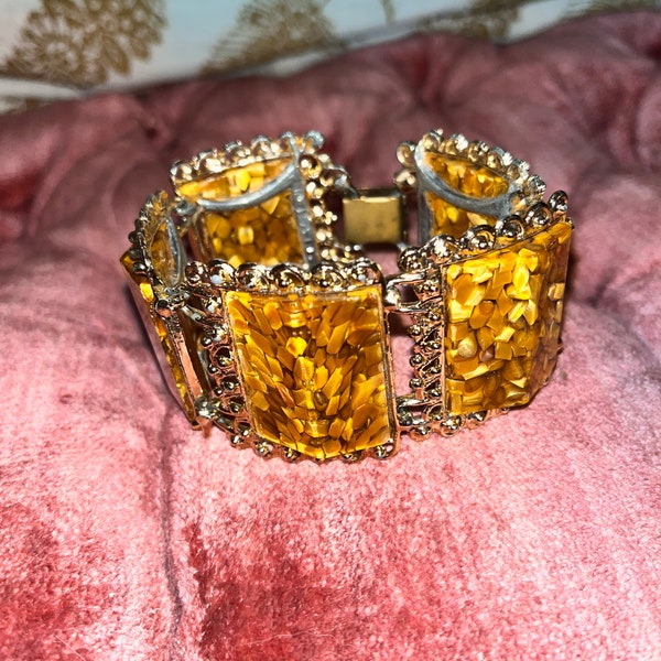 Vintage MCM Costume Jewelry Made By PAM This Tigers Eye Confetti Bracelet Is Rare And Beautifully Made.