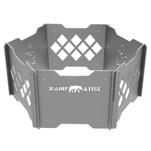 May include: A silver metal fire pit with a diamond pattern cut out design. The fire pit is hexagonal in shape and has the words "Kamp Avise" printed on the front.